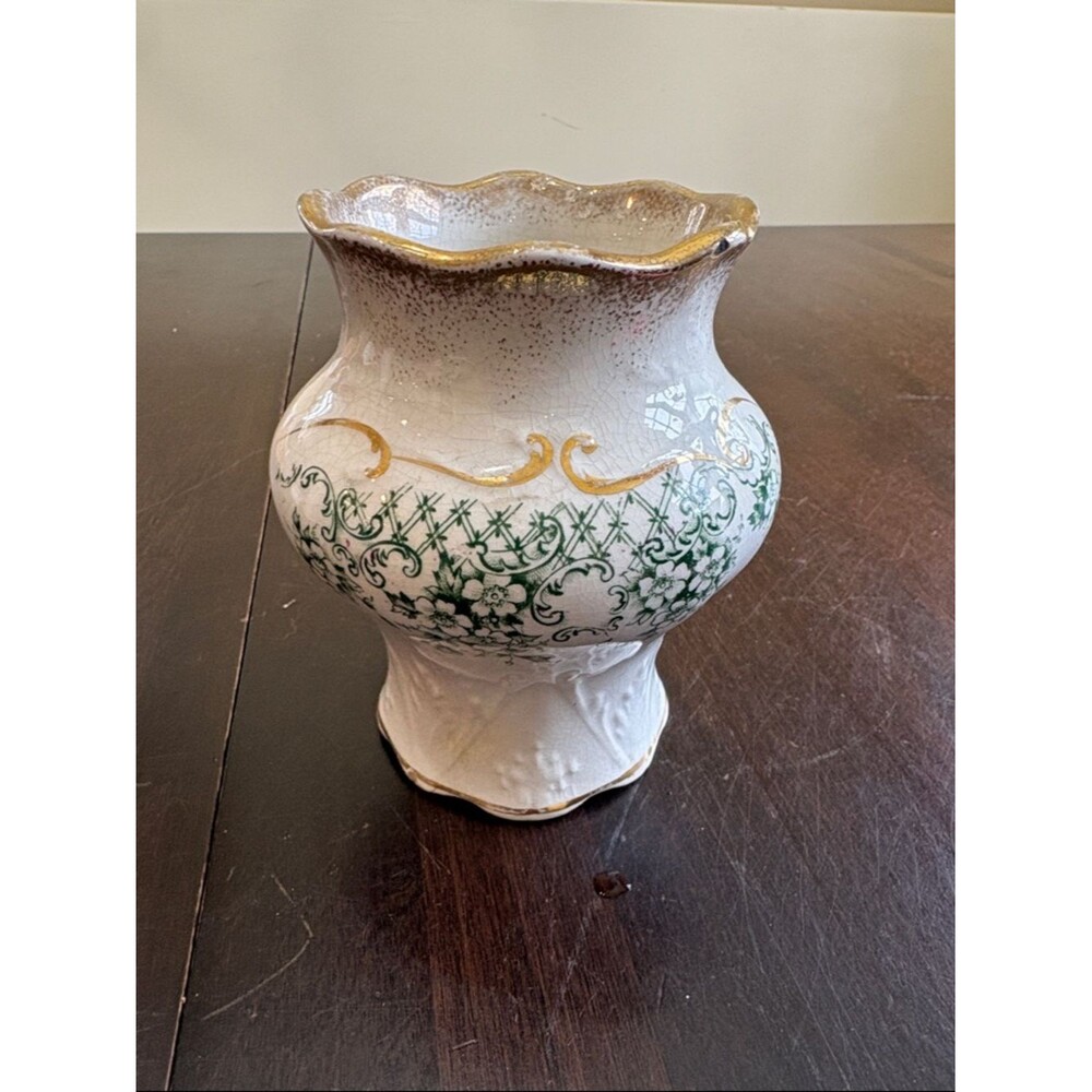 Vintage semi-porcelain brush jar vase with
Green Scroll Transferware Pattern